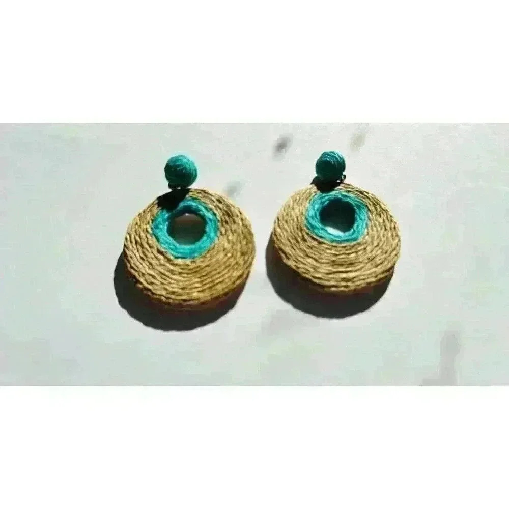 Handmade Rattan Disc Statement Earrings Teal And Tan